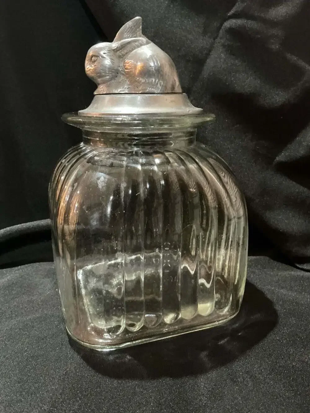 Unbranded Ribbed Glass Apothecary Canister With Pewter Rabbit Lid